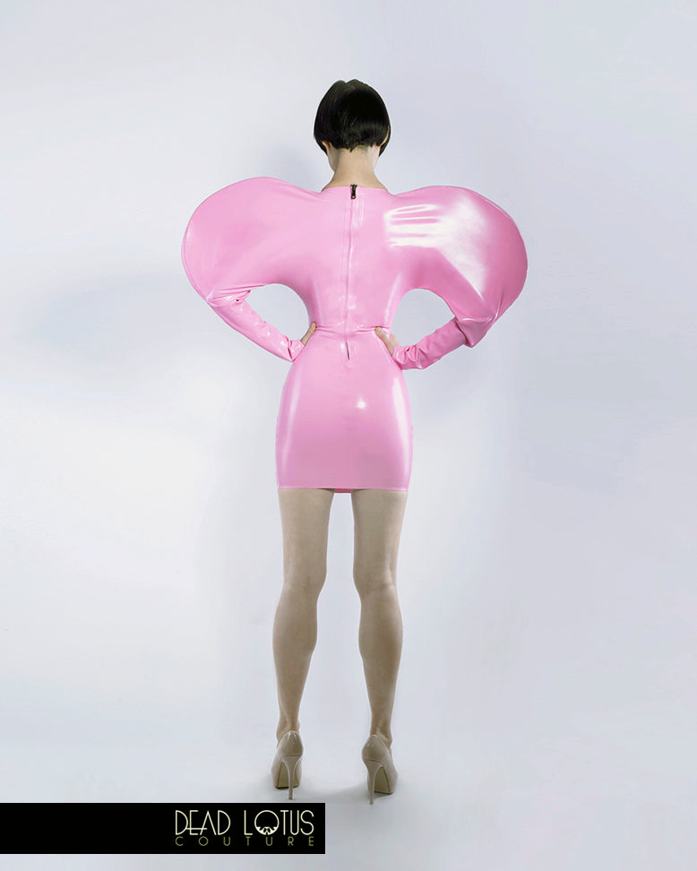 Big Puff Sleeve Dress BELLUM in Pink Latex by Dead Lotus Couture with oversize shoulders and mini skirt worn by female model