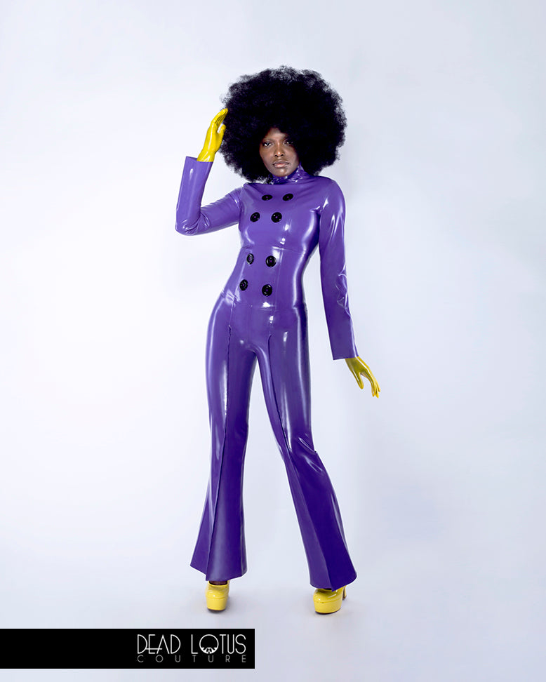 Trouser and Top Set CELARIO: Purple Latex Longsleeve Top, Highwaist Trousers by Dead Lotus Couture worn by female model