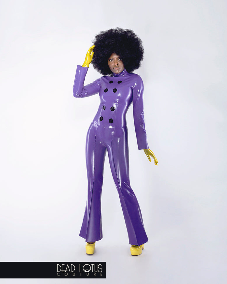 Purple latex long sleeve crop top with large buttons, high neck, back zip by Dead Lotus Couture on female model