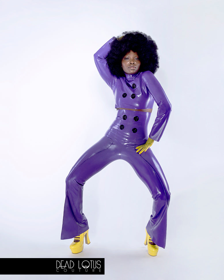 Trouser and Top Set CELARIO: Purple Latex Longsleeve Top, Highwaist Trousers by Dead Lotus Couture worn by female model