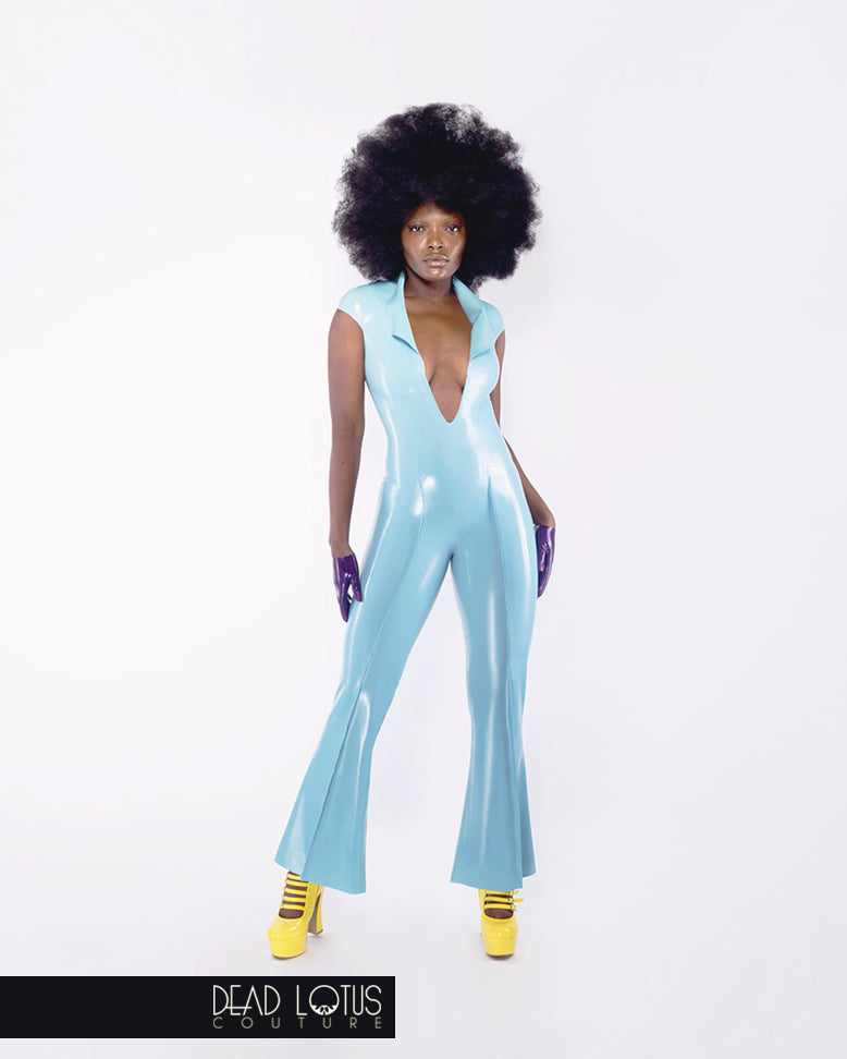 DIABO Catsuit; disco style, Turquoise latex, low neckline, wide collar, bell bottoms by Dead Lotus Couture on female model