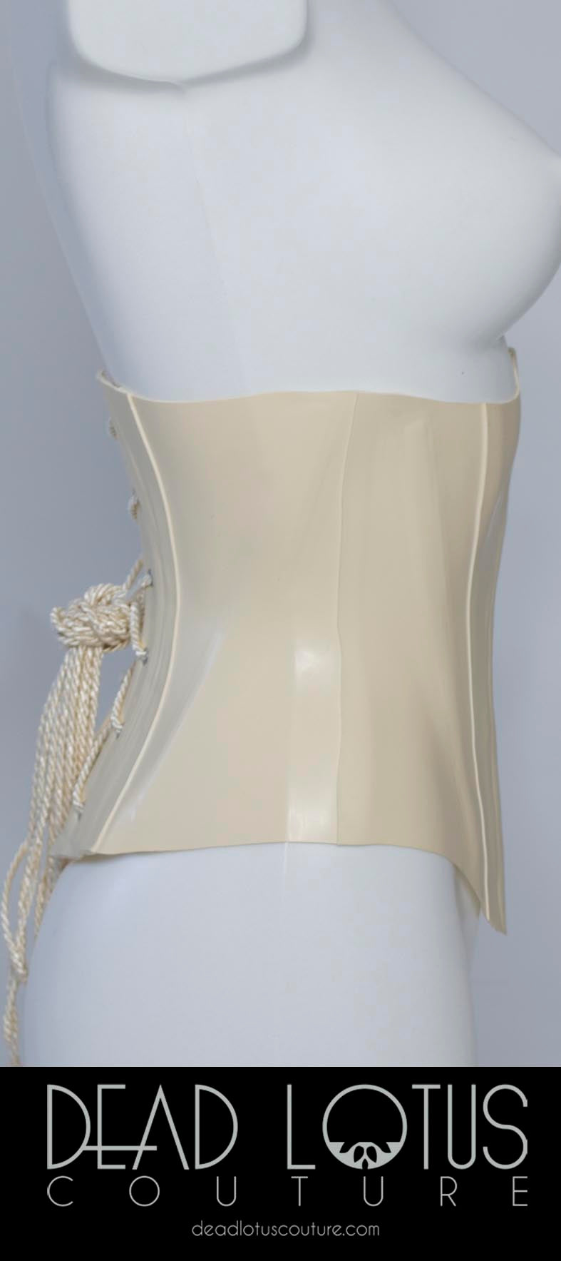 MADAM ROXEY Under-bust Latex Corset in red with five front clasps on a mannequin by Dead Lotus Couture