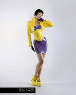 Corset Outfit KIUSA PLUVIA: Purple Latex Mini Dress & Gloves, Yellow Bolero & Corset by Dead Lotus Couture on female model