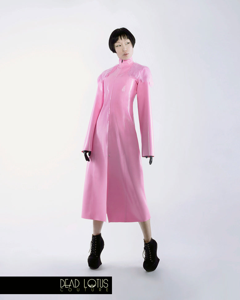Long Trench Coat ARMUM by Dead Lotus Couture, Pink Latex, Fake Fur Shoulders and Collar worn by female model