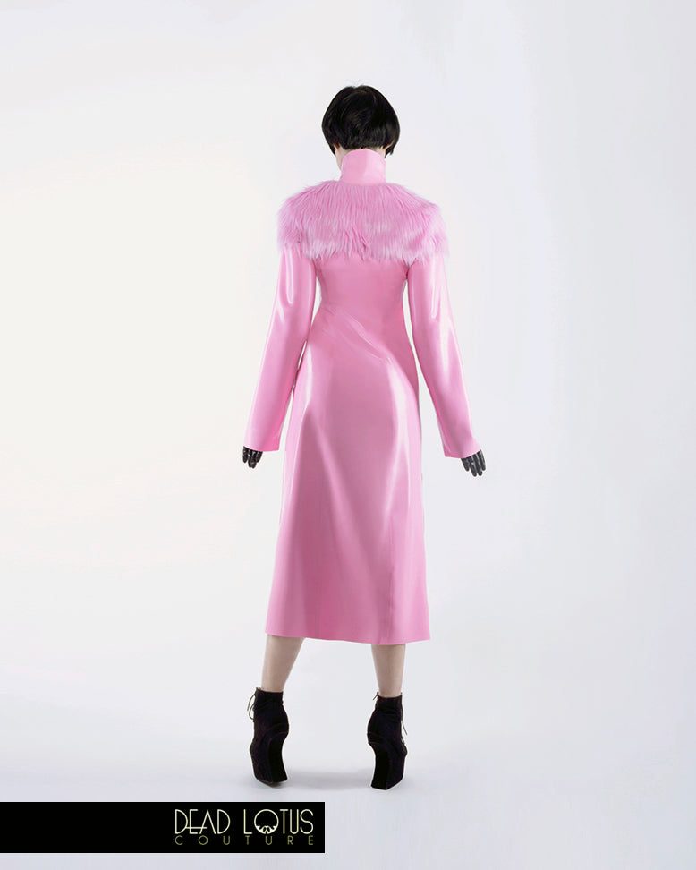 ARMUM long latex trench coat with faux fur; bubblegum pink latex with long front zipper by Dead Lotus Couture on female model