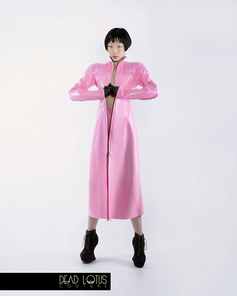 Long Trench Coat ARMUM by Dead Lotus Couture, Pink Latex, Fake Fur Shoulders and Collar worn by female model