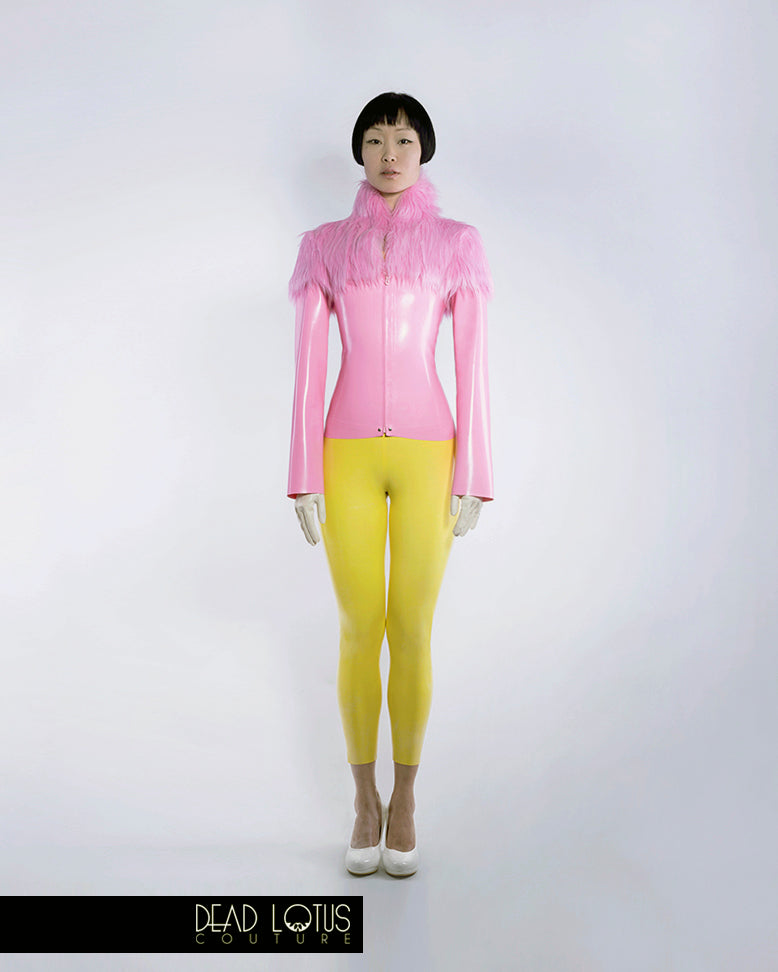 Latex Outfit MALUM: Off-Shoulder Yellow Catsuit, Pink Jacket with Faux Fur Neck/Shoulders, by Dead Lotus Couture female model