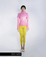 Latex Outfit MALUM: Off-Shoulder Yellow Catsuit, Pink Jacket with Faux Fur Neck/Shoulders, by Dead Lotus Couture female model
