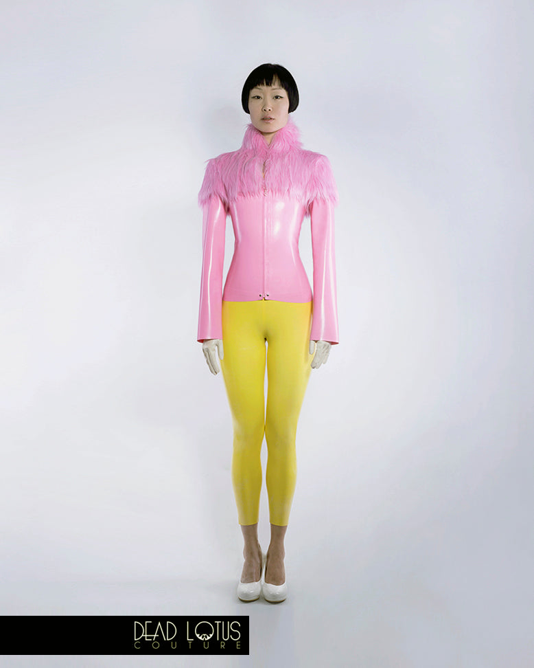 MALUM Latex Outfit Off-Shoulder Catsuit & Jacket with Faux Fur and Wrist Gloves