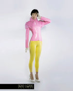 COMPLETE OUTFIT - MALUM Latex Outfit Off-Shoulder Catsuit & Jacket with Faux Fur and Wrist Gloves