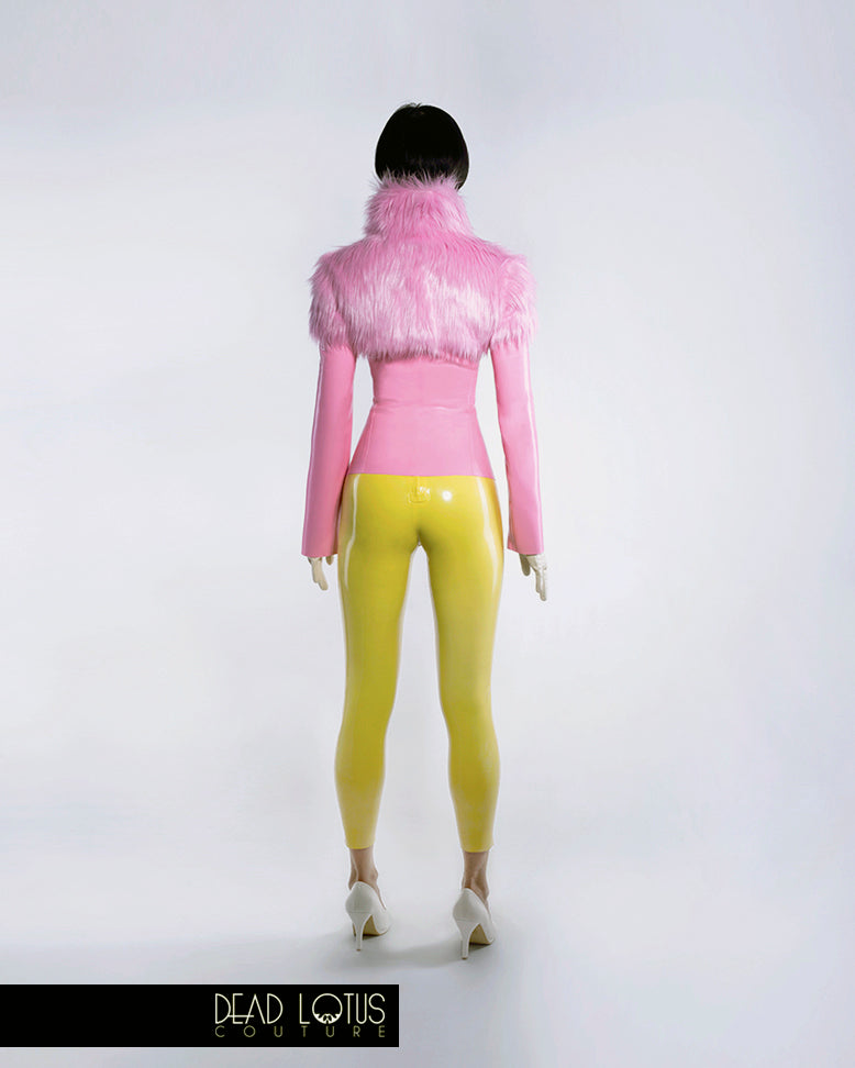 MALUM Jacket with Faux Fur collar & shoulders, full length zip; Bubblegum pink latex by Dead Lotus Couture on female model