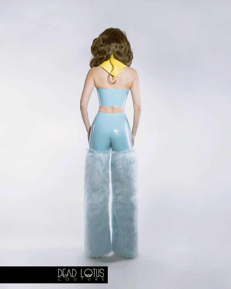 MONSTRUM Latex and Fur Trousers in turquoise accompanied by BELLUM Crop Top Bra, MONSTRUM Latex Hood and wig by Dead Lotus.