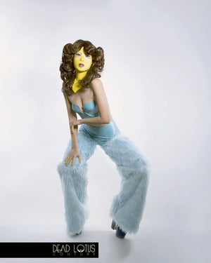 BELLUM MONSTRUM Masked Latex Clubwear Outfit with Crop Top Bra & Faux Fur Trousers
