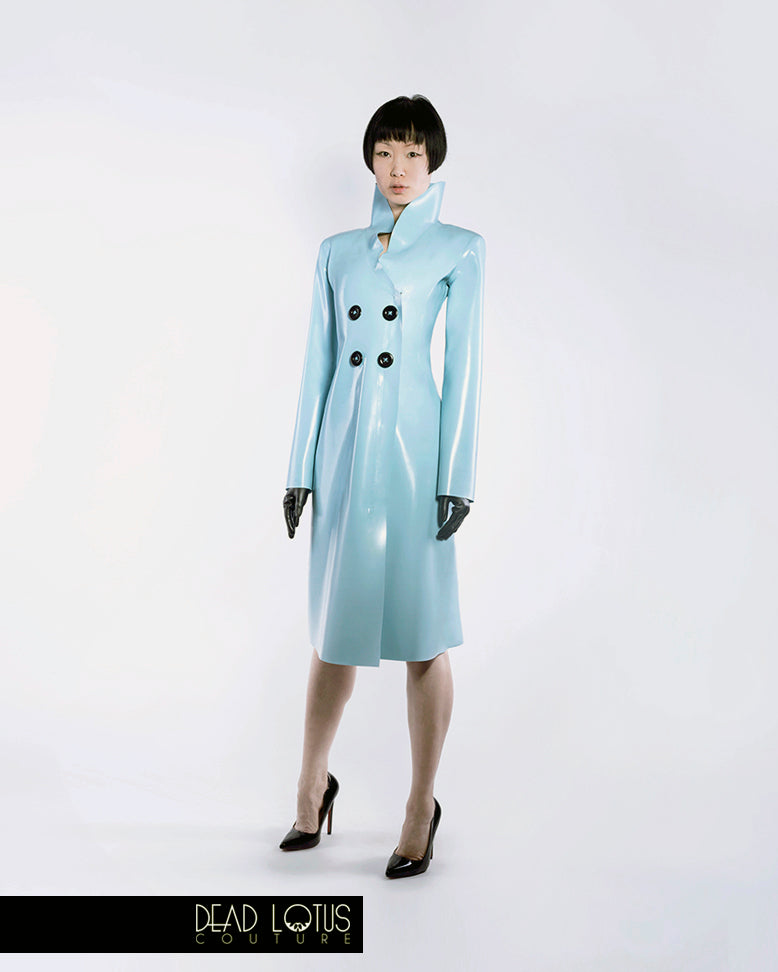 Classic Trench Coat PLUVIA: Turquoise Latex with high collar & zip, black Wrist Gloves by Dead Lotus Couture on female model