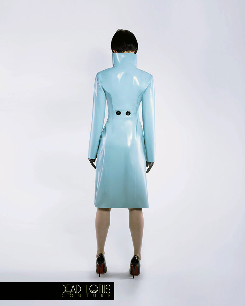 PLUVIA Classic Trench Coat in Turquoise Latex with large buttons, high collar, gloves by Dead Lotus Couture on female model