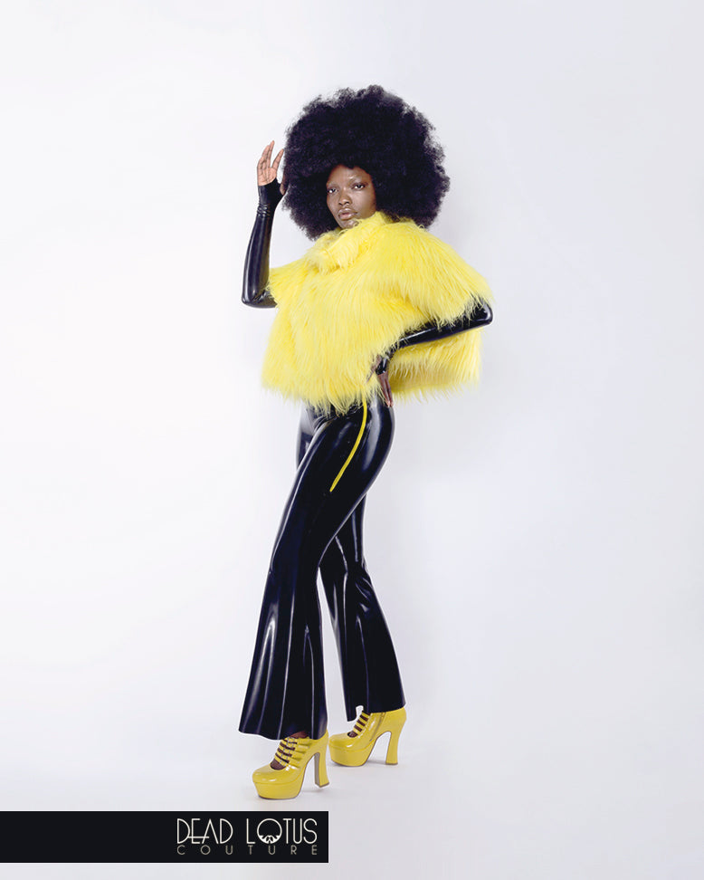 BESTIA Faux Fur Top; Waist-length Yellow thick fur top with front clasps by Dead Lotus Couture on female model