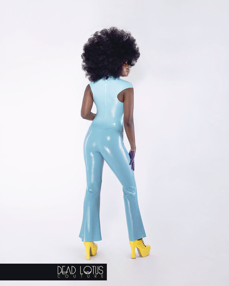 Catsuit Outfit DIABO: Turquoise Latex Catsuit, deep neckline, creased bell bottoms by Dead Lotus Couture worn by female model