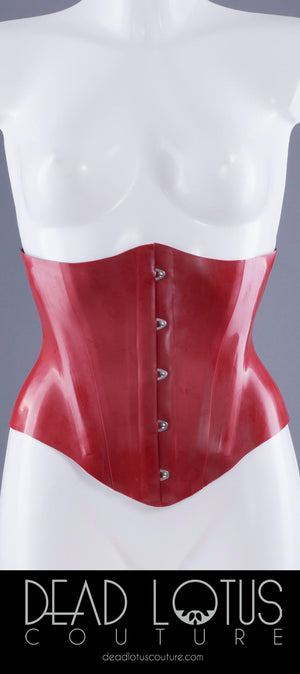 MADAM ROXEY Under-bust Latex Corset in red with five front clasps on a mannequin by Dead Lotus Couture